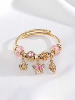 NEW Stainless Steel Gold Charm Bangle Bracelet | Pink Floral Butterfly Luxury